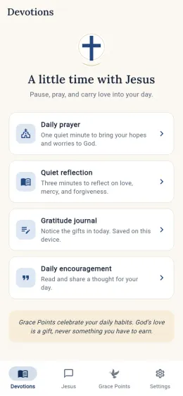 Devotions screen with daily prayer, quiet reflection, gratitude journal and daily encouragement